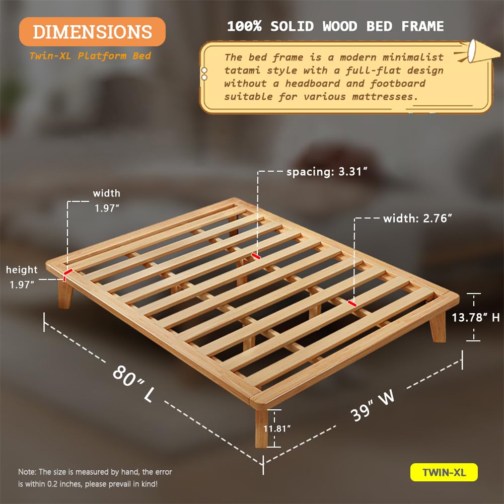 NELYE Twin-XL Platform Bed Base - 14 Inch Solid Wood Mattress Foundation with Support Slats and Legs, Twin XL Size Rubberwood Simple Bed Frame