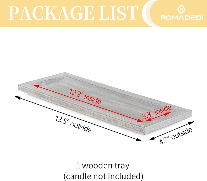 Romadedi Wooden Decorative Tray Candle Holder - 13.5 inch Wood Long Narrow Tray Home Decor Small Rustic Farmhouse Centerpieces Trays for Coffee Table Dining Room Living Room, Whitewashed