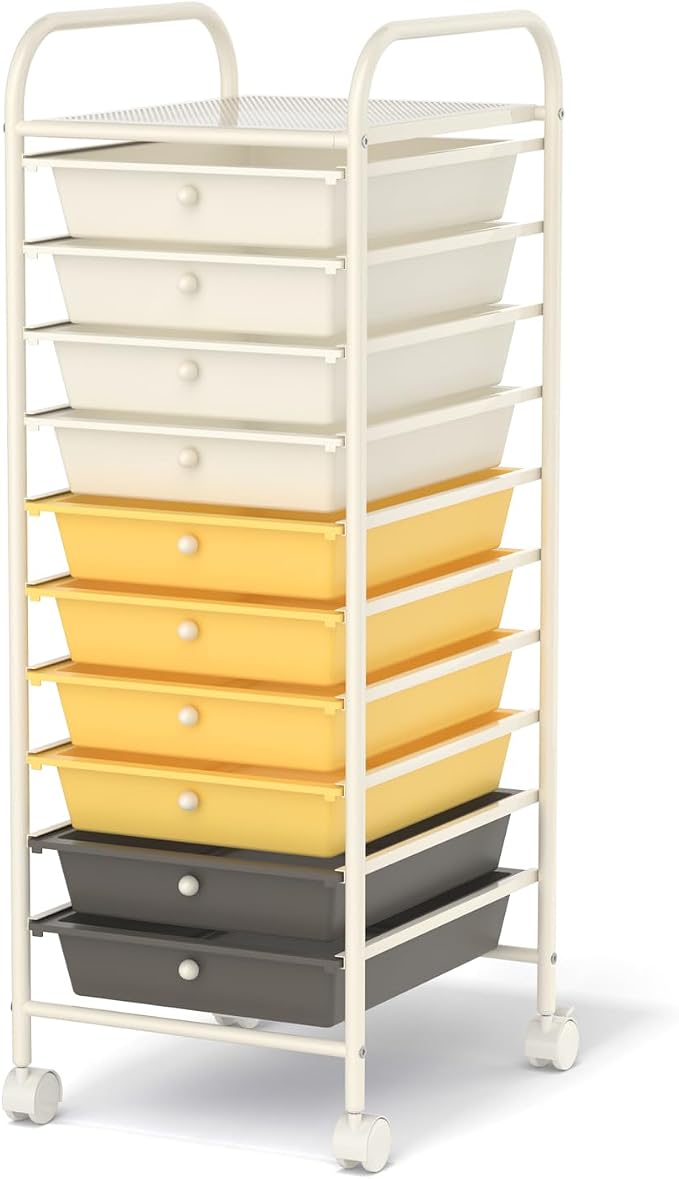 MEDIMALL 10 Drawers Rolling Storage Cart, Multipurpose Craft Storage Cart with Wheels, Mobile Tools Scrapbook Paper Organizer Cart for Office School Home Use (Yellow)