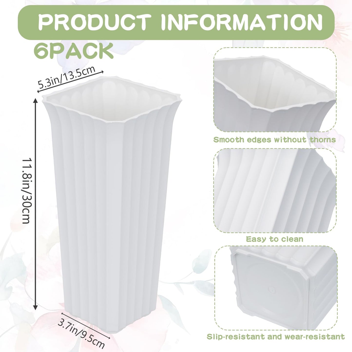 6 Pack Flower Buckets for Cut Flowers 11.8 Inch Plastic Floral Buckets Modern Square Vases for Centerpieces Floral Display Decorative Buckets Table Home Bridal Shower Wedding Festival Decorations