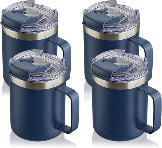 12oz Stainless Steel Insulated Coffee Mug with Handle, Double Wall Vacuum Tumbler Cup with Fliping Lid, Navy, 4 Pack