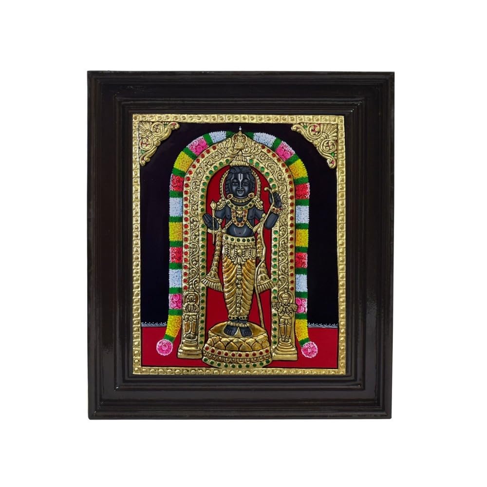 Tarang Arts Tanjore Painting Ayothi Ramar with Wooden Frame, 2D Emboss Design, 22-Carat Gold Foil & Jaipur Stones | Handmade Traditional Artwork for Home Decor, Puja Room, Wall Hanging & Gifting