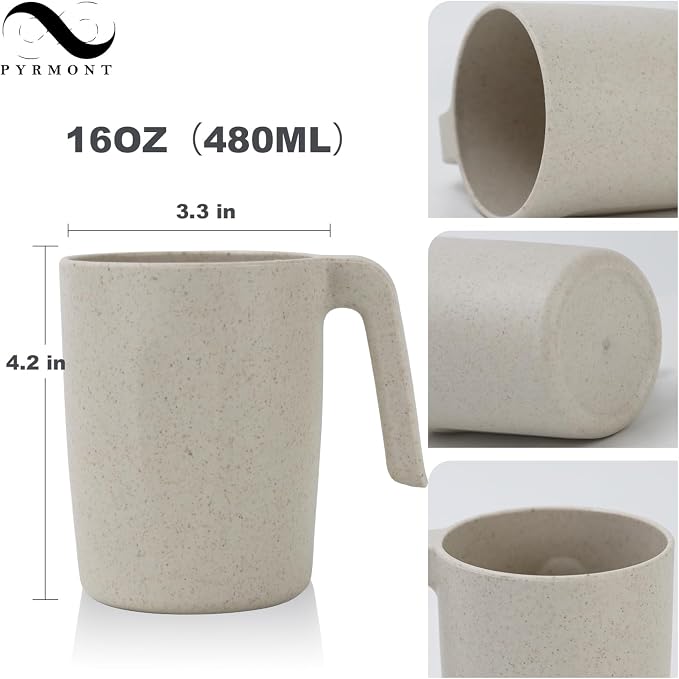 PYRMONT Wheat Straw Cups Set of 6 Alternative Plastic Cups 16 Oz Reusable Cups Dishwasher & Microwave Safe Cups for Kitchen,Party,RV Travel Unbreakable Water Cups-Beige