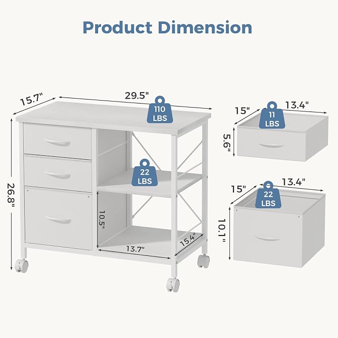 OLIXIS 3-Tier Printer Stand with Fabric Storage Drawer, Rolling Printer Cart with Lockable Wheels and Metal Frame, Under Desk Table with Open Storage Shelf for Small Spaces, Home, Office, White