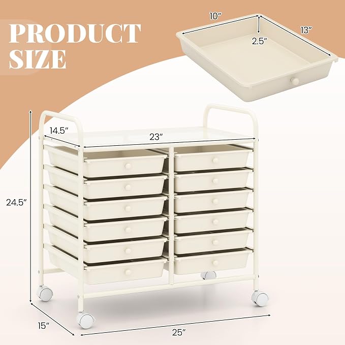 COSTWAY 12-Drawer Rolling Storage Cart, Utility Storage Organizer Cart for Tools, Scrapbook, Paper, Craft, Multipurpose Art Supply Organizer on Wheels for Home Office School, Teacher, Ivory White