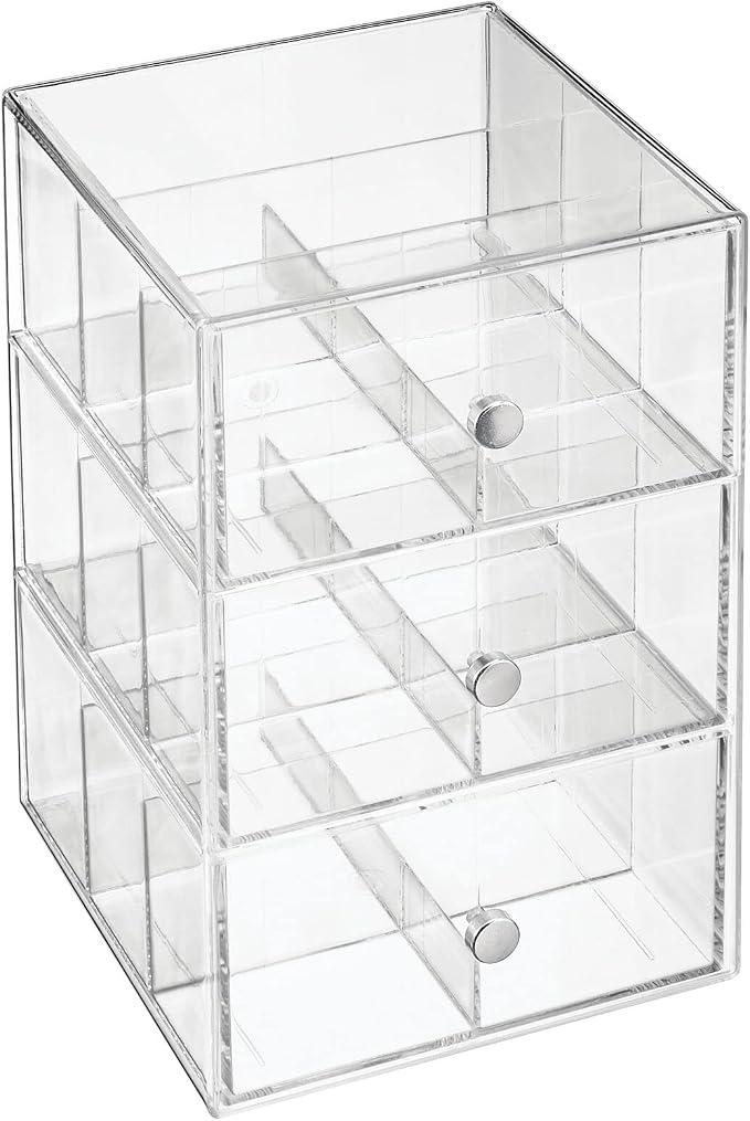 mDesign Plastic Wide Kitchen Pantry, Cabinet, Countertop Organizer Storage Station with 3 Drawers for Coffee, Tea, Sugar Packets, Sweeteners, Creamers, Drink Pods, Packets; 18 Sections - Clear