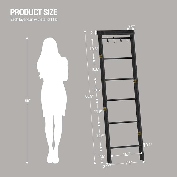 Hzuaneri Blanket Ladder Shelf, Decorative Quilt Rack, 7-Tier Farmhouse Ladder Holder Organizer with 4 Removable Hooks 7.9" D x 17.3" W x 66.9" H, Black BR36804B