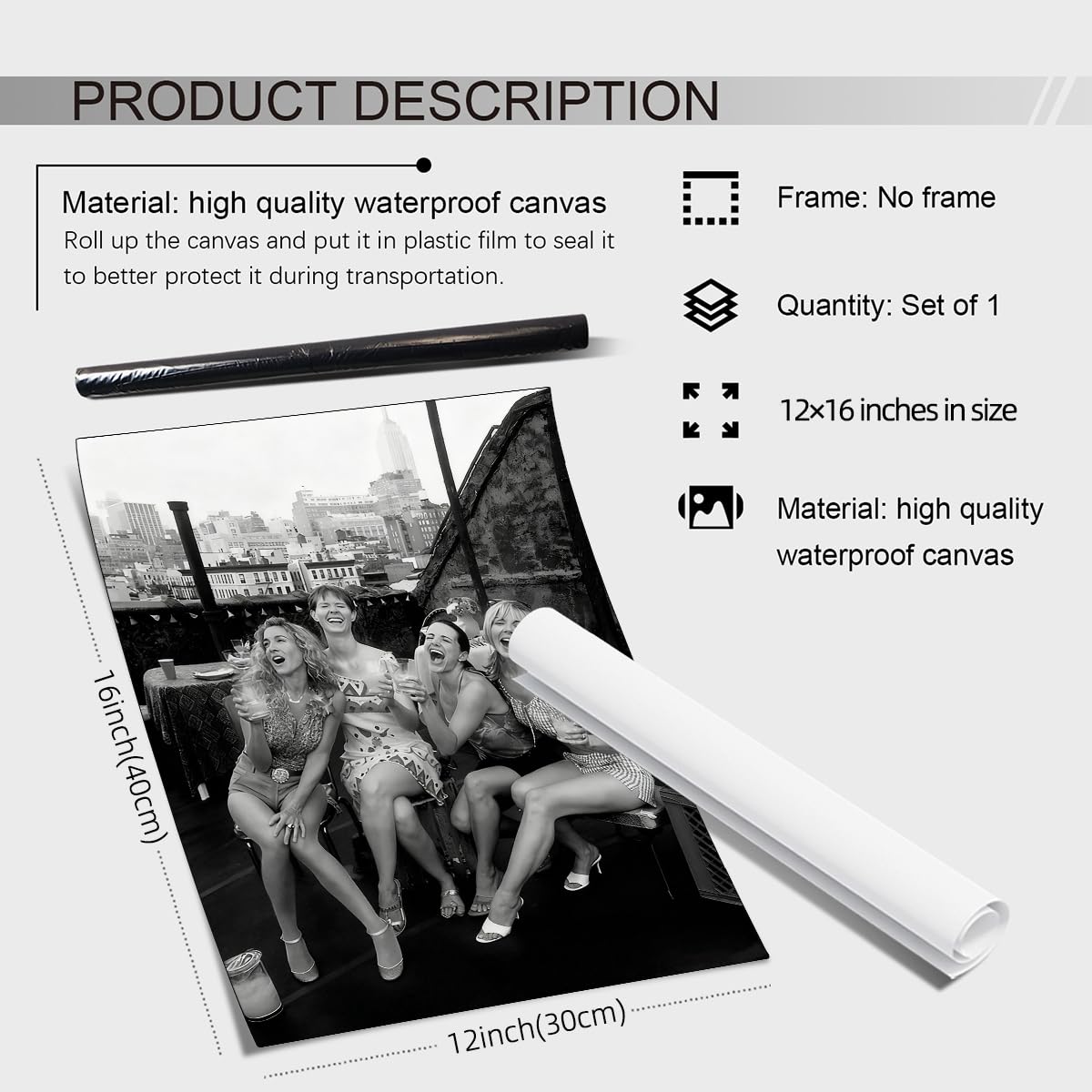 Retro Black And White Woman Canvas Wall Art Fashion Rooftop Party Posters Trendy Glam Girly Prints Pictures Woman Cheers Aesthetic Painting for Apartment Bedroom Bar Cart 12x16in Unframed