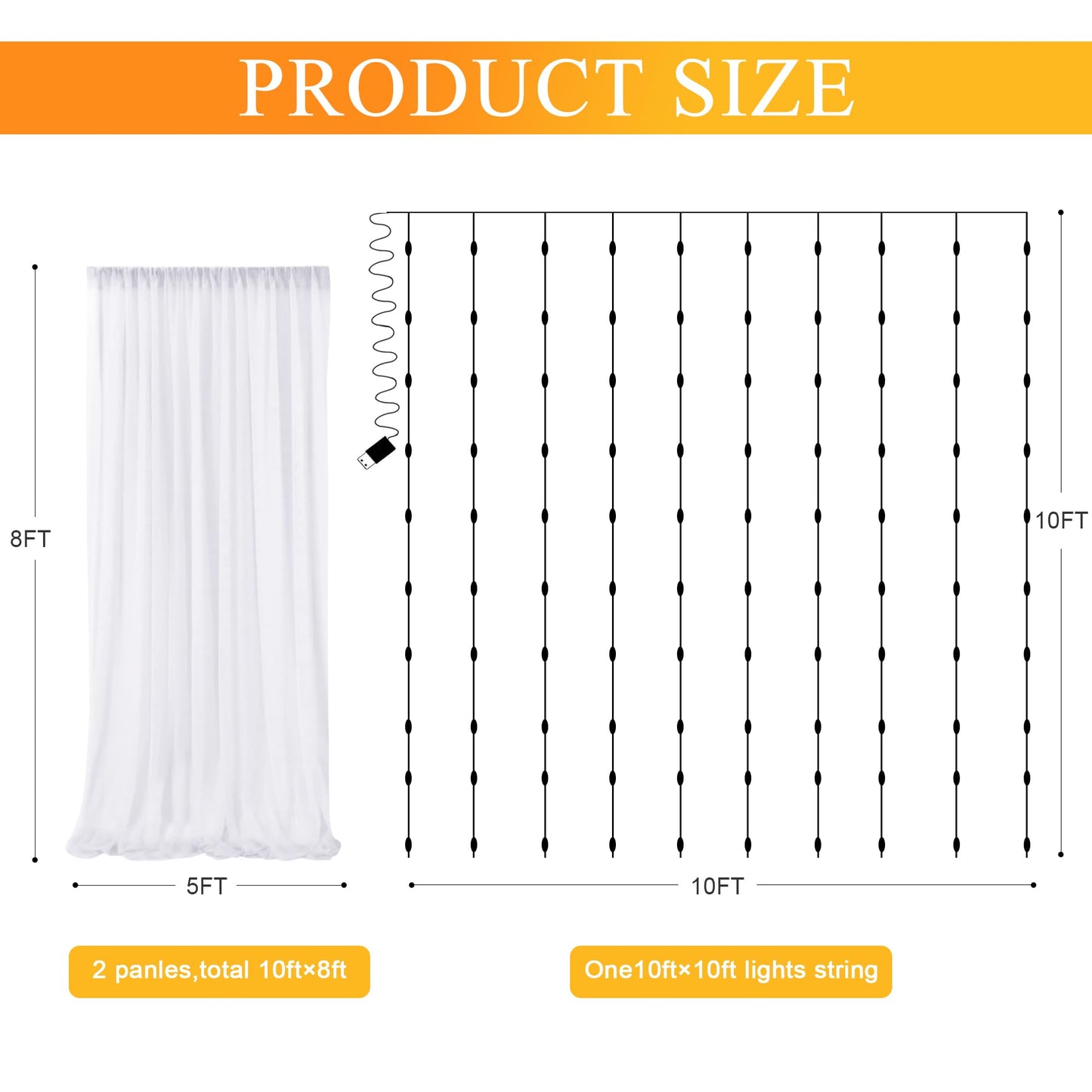 Fomcet Tulle Backdrop Curtains with Lights String White 10FT X 8FT Sheer Curtain with Lights Tulle Curtains Backdrop for Wedding Birthday Party Baby Shower Photo Shoot (2 Panels 5x8FT)