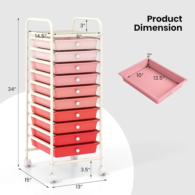 COSTWAY 10-Drawer Rolling Storage Cart, Utility Mobile Trolley with Removable Drawers & Universal Casters & 2 Brakes, Versatile Flexible Drawer Organizer Cart for Home, Office, Mixed Pink