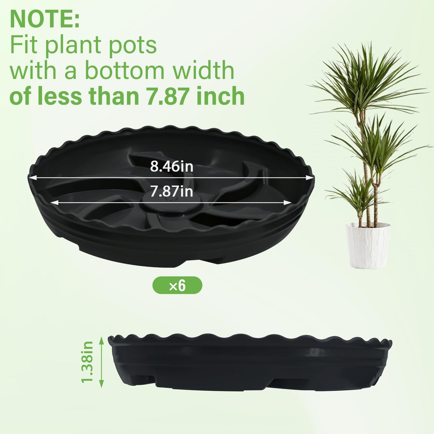 ittyfei 6 Pack 8 Inch Plant Trays for Pots, Raised Ridge Plant Saucers,6 10 12 14 Inch Durable Plastic Plant Pot Saucer,Black Round Plant Water Catcher Tray for Indoors and Outdoors(Black, 8‘’6pack)