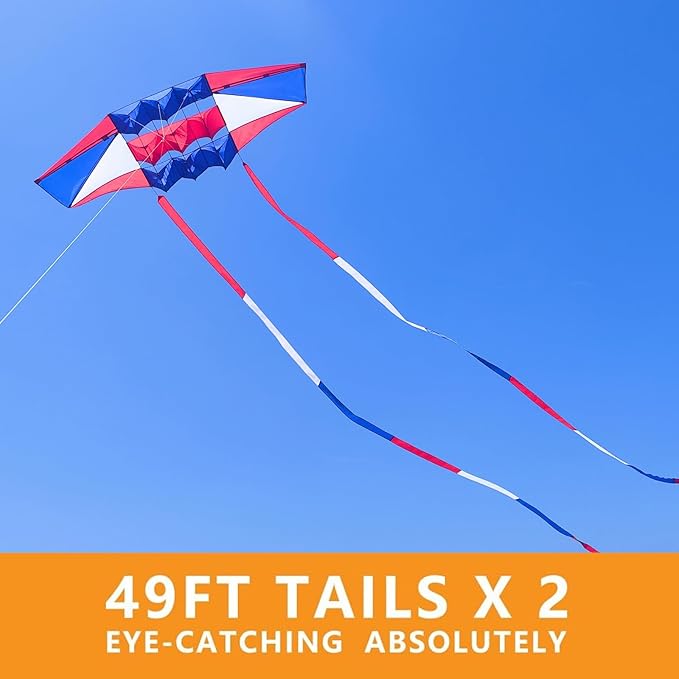 Beach Kites for Adults Large with Long Tail, 98 inches Super Easy Flyer 3D Rainbow Box Kites, Comes with Two 49 Feet Multi Colors Tails, 300 ft Kite String & Handle