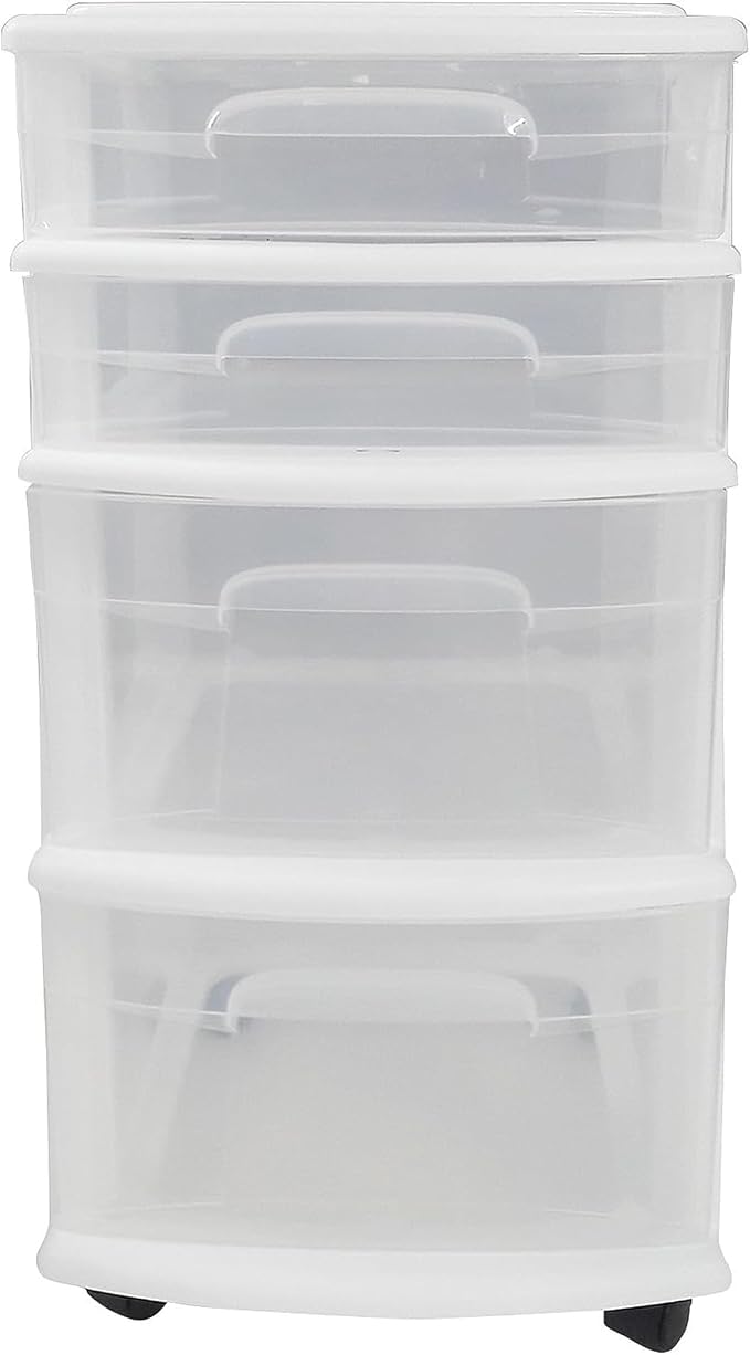 HOMZ 2-Pack Drawer Tower, 4-Tier Clear Plastic Storage Organizer Cart, White Frame - Organizing Containers with Wheels for Home, Bathroom, Bedroom, Office, and Classroom