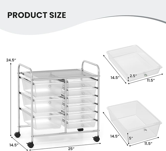 LDAILY 9 Drawer Rolling Storage Cart, Rolling Cart with Drawers for Classroom, Art Supply Craft Organizer on Wheel with Metal Frame & Handles for Home Office School