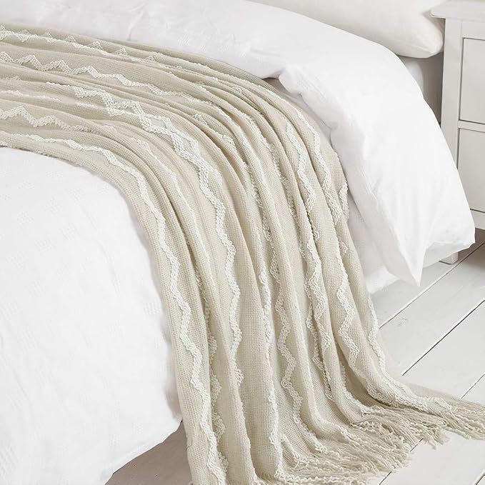 BOURINA Fluffy Chenille Knitted Fringe Throw Blanket Lightweight Soft Cozy for Bed Sofa Chair Throw Blankets Beige 60" x 80"