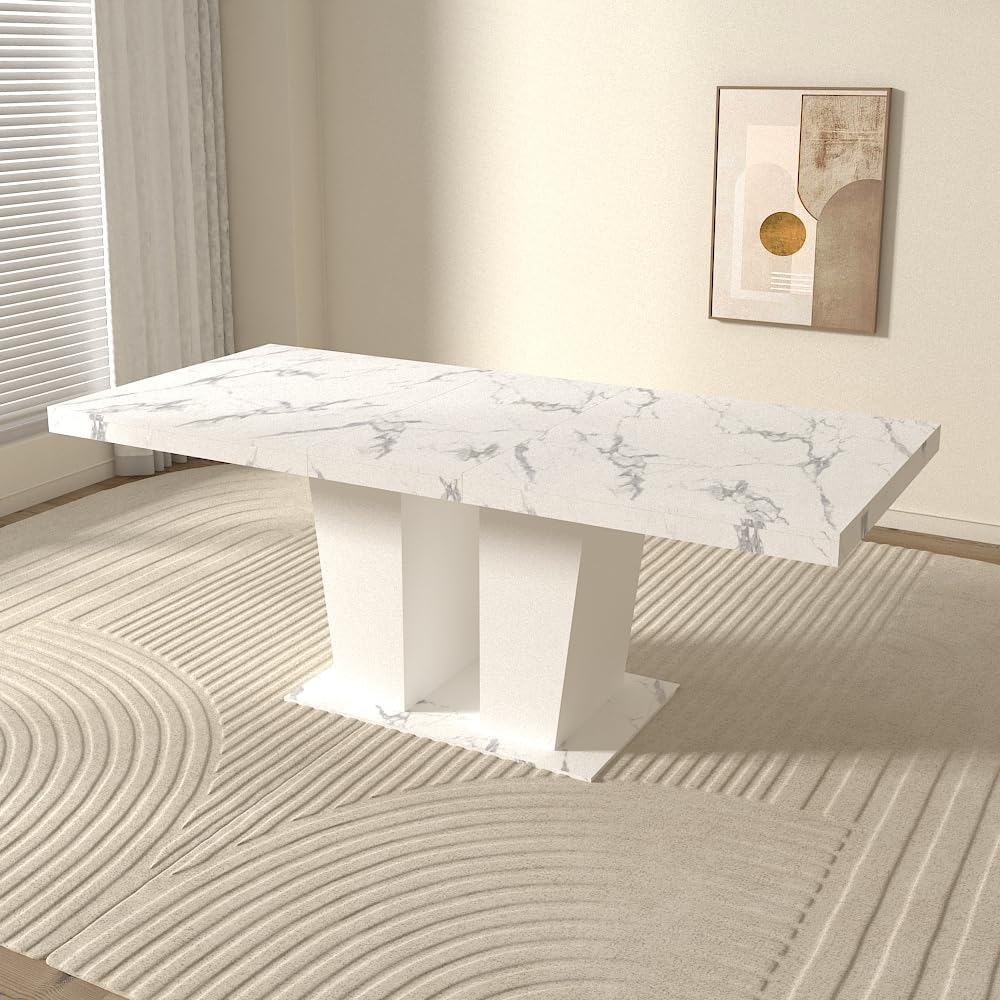KEIKI Extendable Dining Room Table for 6-10 Person, Modern Large Rectangular Kitchen Tables w/Dual Column Pedestal Base for Kitchen Living Room, White Marble