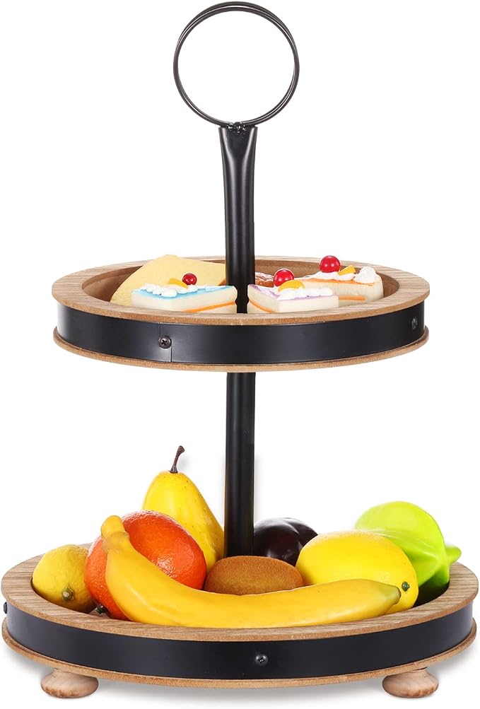 Urban Deco Wood Tiered Tray - 2-Tiered Farmhouse Serving Tray with Metal Handle for Kitchen Counter or Living Room Table