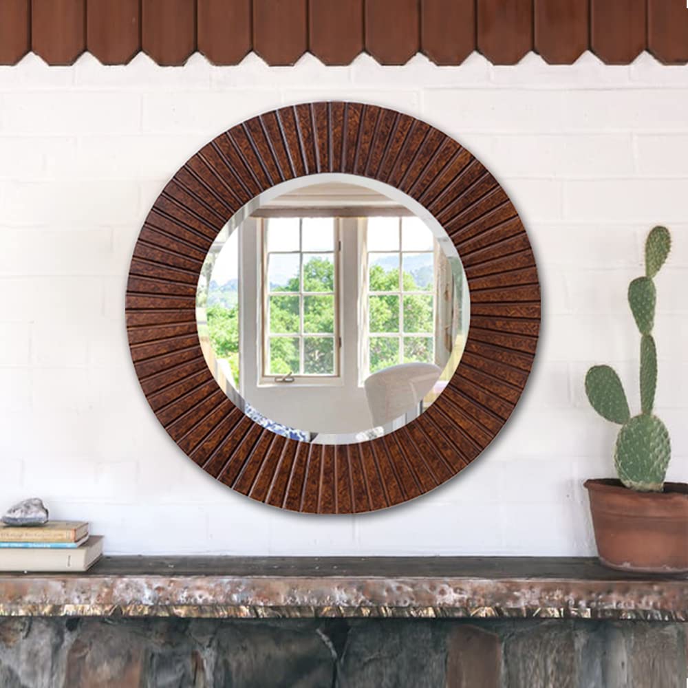 Chende 30'' Round Mirror with Wood Frame, Large Decorative Mirror for Wall, Farmhouse Bathroom Mirror with Bronze Groove Finish for Living Room, Entryway, Bedroom