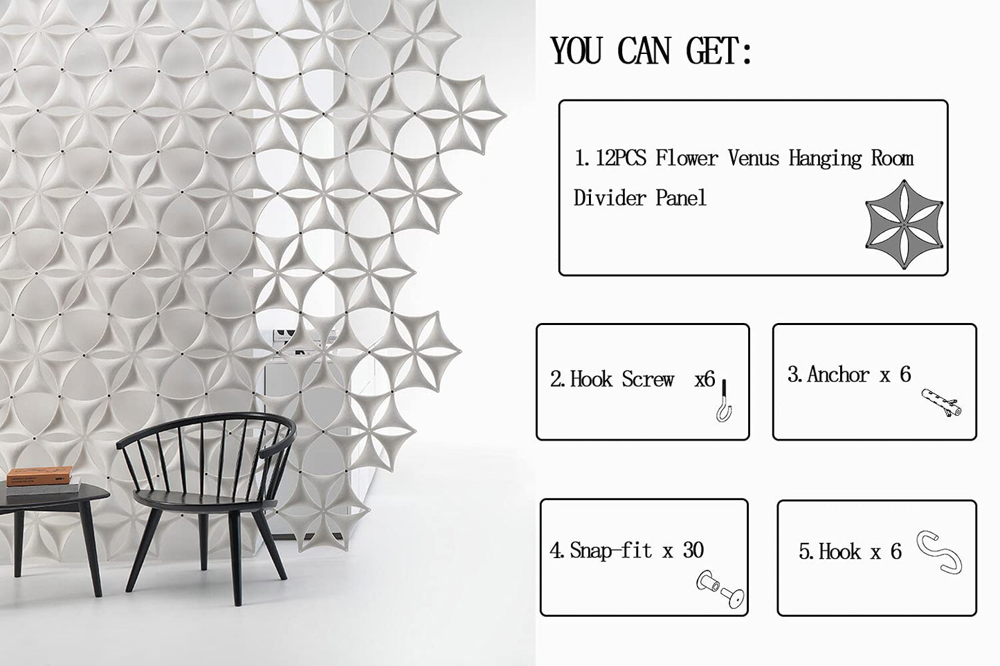 OSHIYINN White 3D Flower Venus 14"x12" Hanging Room Divider Panel Felt Fiber Surface High Density Polyester Fiber Board Cut Room Partition Home Decoratio(12 Pcs)