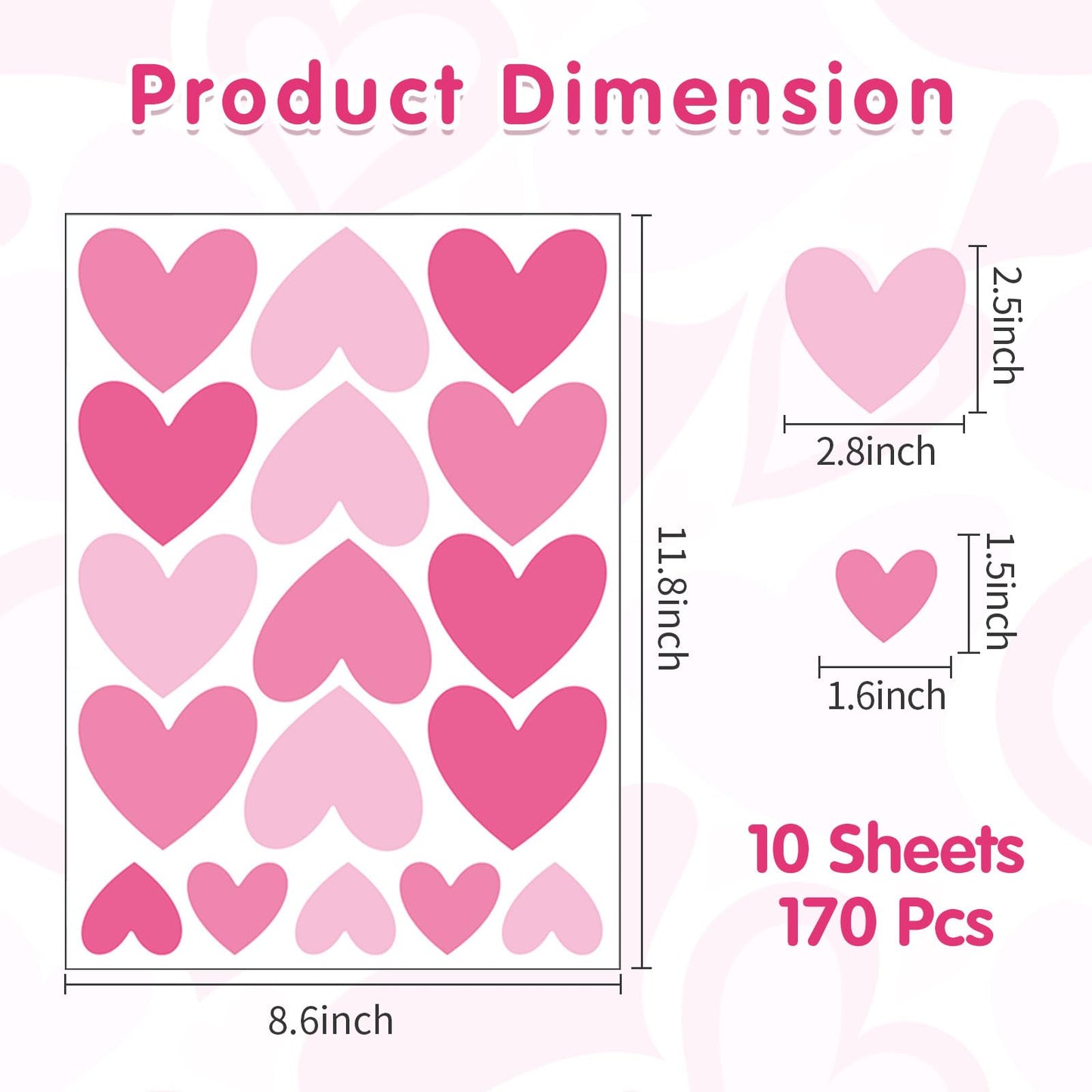 AOWDIAO 170 Pcs Heart Wall Decals - Peel and Stick Pink Decor for Girl Bedroom, Nursery, Playroom Decoration
