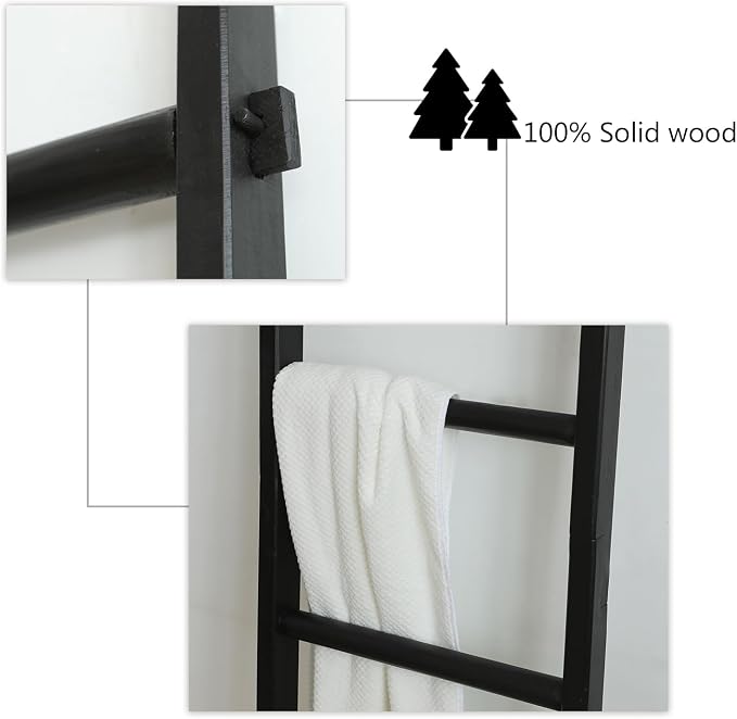 Wooden Blanket Ladder - Natural & Motley Wood - Leaning Wall Decor for Bedroom, Bathroom, Living Room - Rustic Quilt Holder & Towel Rack (Black Wood Color, 76in（6-Tier）)