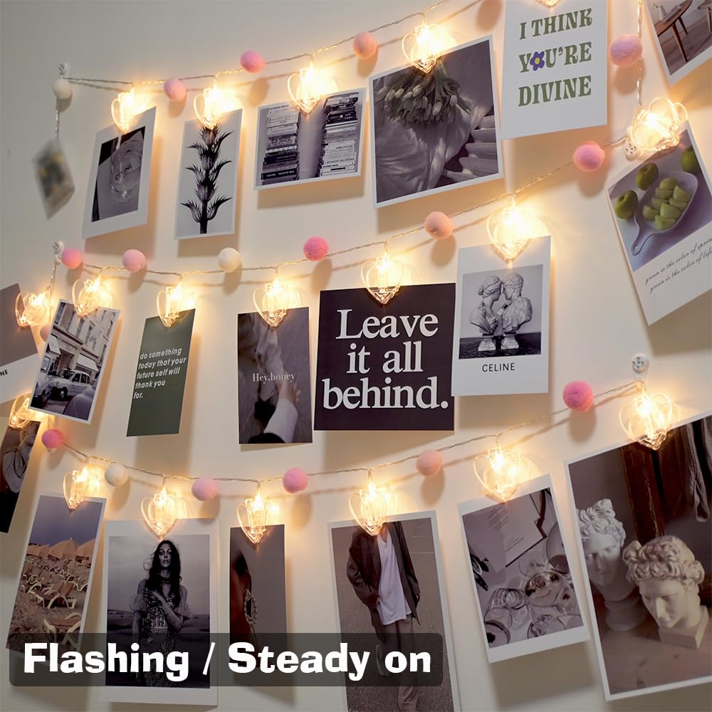 9.85Ft Photo Clip String Lights with 20 Cute Pompoms 20 LED Clear Heart Clips Fairy Lights for Hanging Pictures Photo Lights with Timer Ideal Gifts for Dorm Bedroom Wall Party Wedding Home Decorations