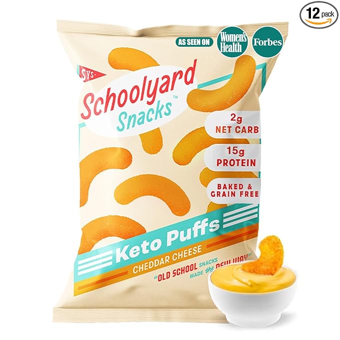 Schoolyard Keto Snacks - Cheddar Cheese - 15g Protein Puffs, Low Carb, Low Sugar - Gluten Free, Healthy & Diabetic Friendly, High Protein, Low Calorie snacks for Kids & Adults, USA Made, 12 Pack