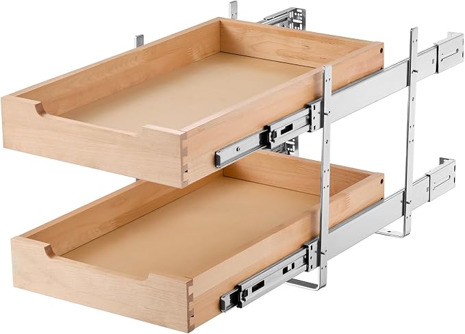 VEVOR 2 Tier Pull Out Cabinet Organizer, 14" W x 21" D Cabinet Drawer, Soft Close Slide out Shelf, Heavy-Duty Sliding Wood Drawer, Adjustable Base Cabinet Organization for Kitchen Pantry Bathroom