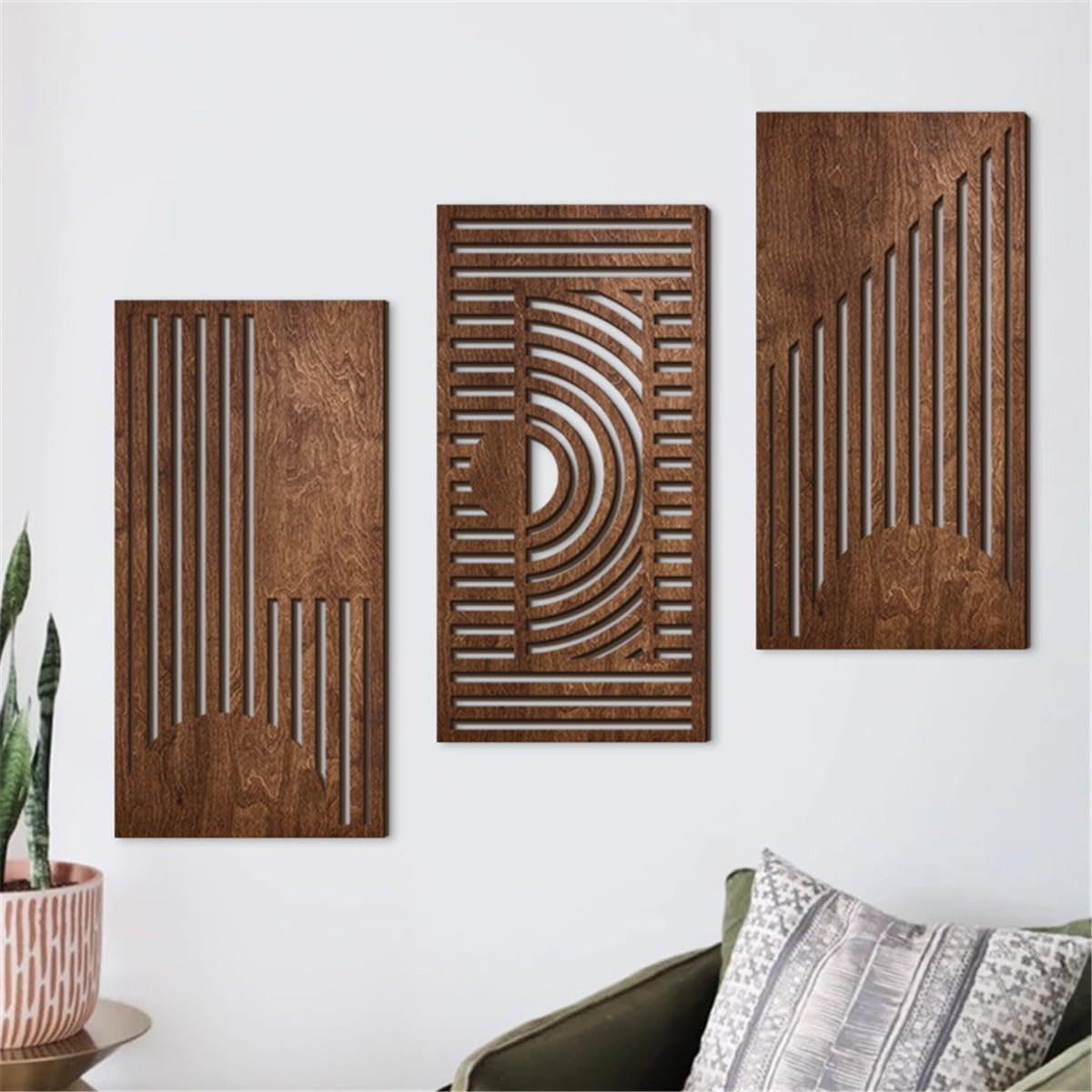 3 Pcs Geometric Wood Wall Art Decor, Wooden Minimalist Wall Hanging Decor, 3D Hollow Carved Craft Art Set, Boho Abstract Wall Sculptures Panels Decoration for Home Living Room Bedroom Kitchen (B)
