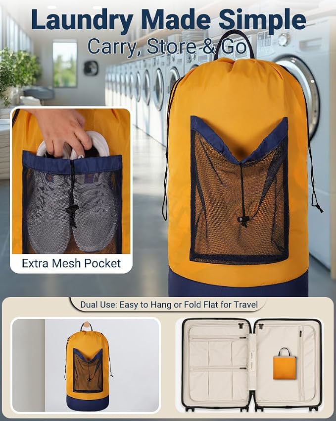 Laundry Bag with Shoulder Straps and Mesh Pocket Laundry Backpack Large Portable Laundry Hamper for College Laundromat Apartment