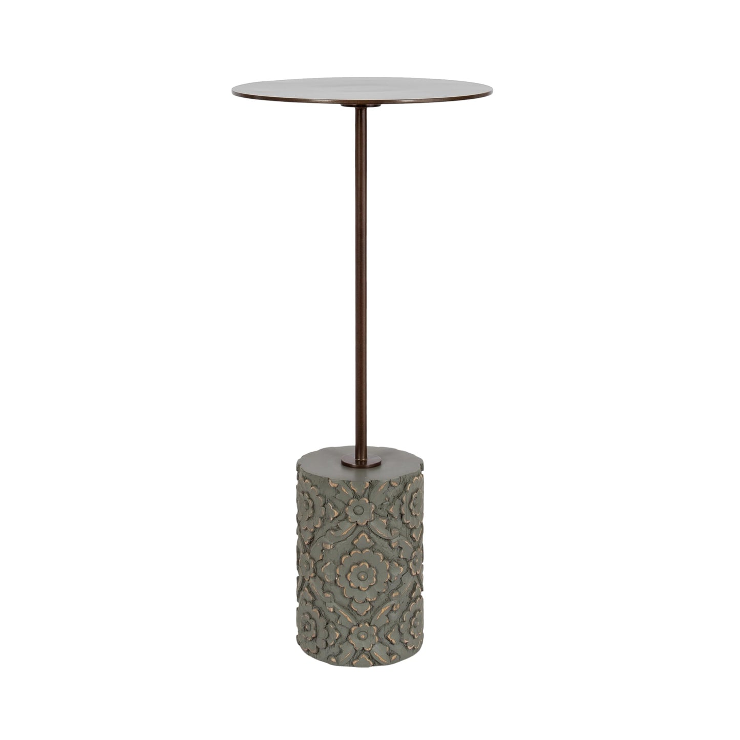 Kate and Laurel Joya Modern Round Drink Table with Carved Wood Base, 10 x 10 x 22, Bronze and Green, Transitional Wood and Metal Pedestal Table for Use as Indoor Plant Stand or Living Room Decor