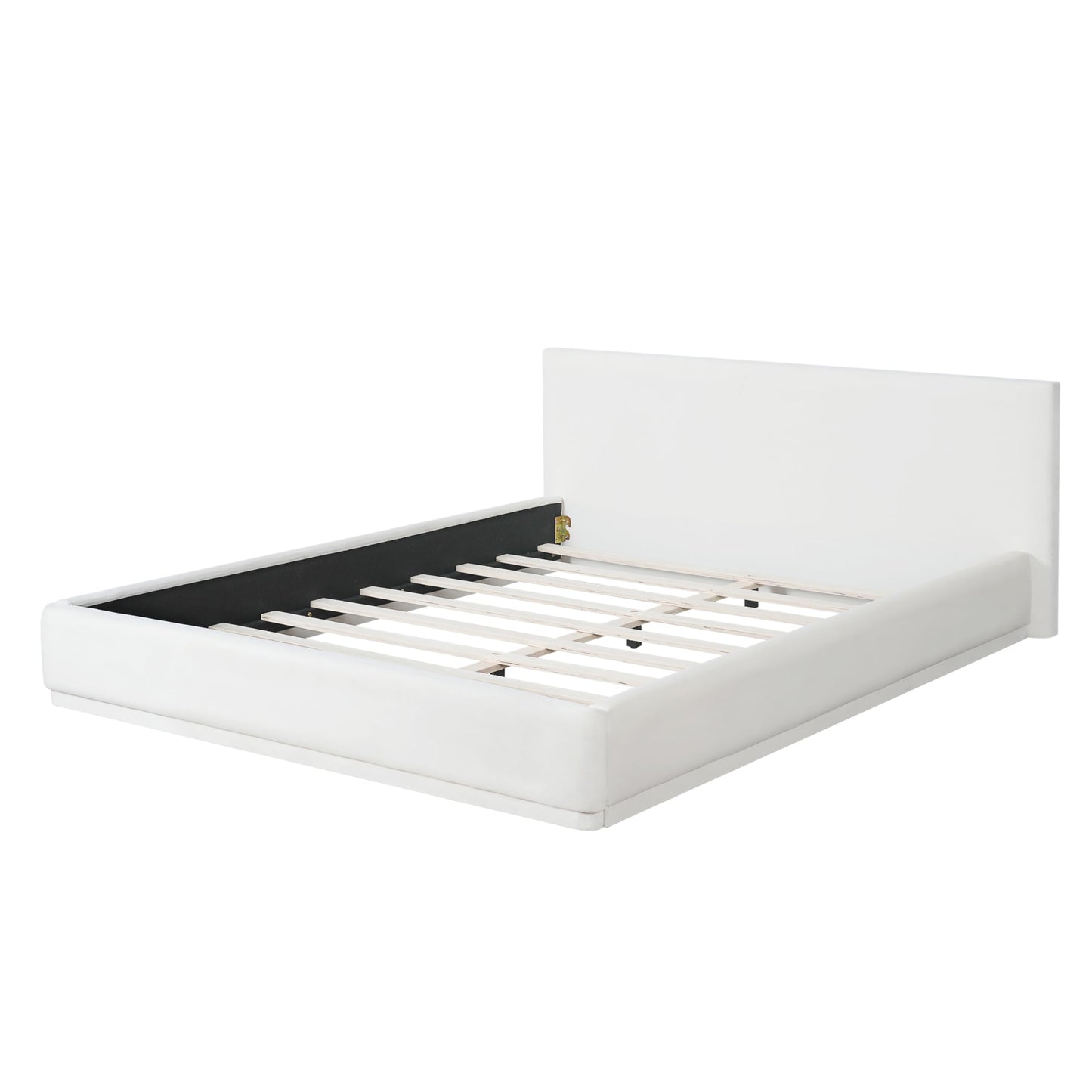 Merax Modern Queen Upholstered Bed Frame with Wingback, Soft Velvet Low Platform Bed, No Box Spring Needed, Easy Assemble, White