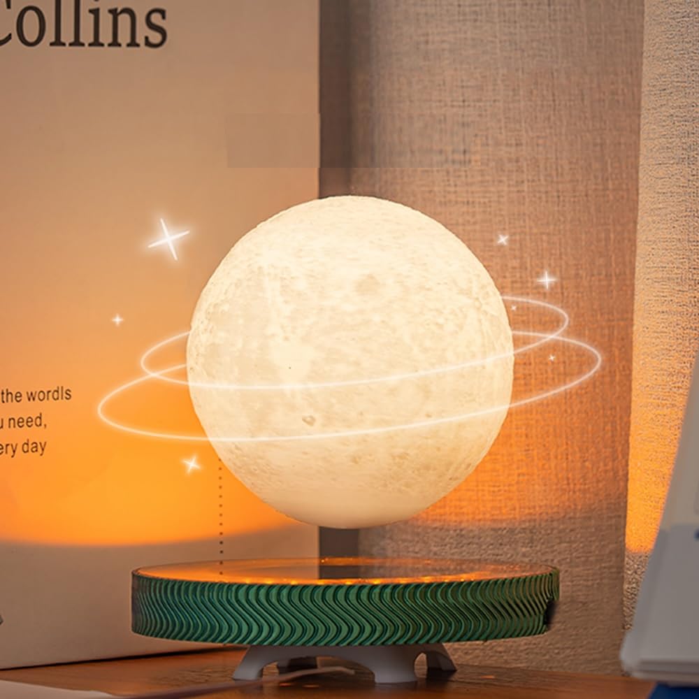 KIYOMING Levitating Moon Lamp Floating Saturn Lamp with Transparent Luminous Light Base Suspension 360° Rotation Saturn Light 3 Colors Display Mode Table Lamp for Home Office
