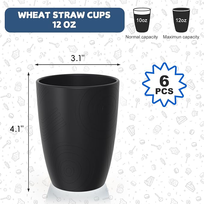Wheat Straw Drinking Glasses Set of 6, Unbreakable 12 OZ Small Drinking Glasses, Alternative to Plastic Reusable Cups for Kitchen & Outdoor, Dishwasher Safe Cup Set, Black