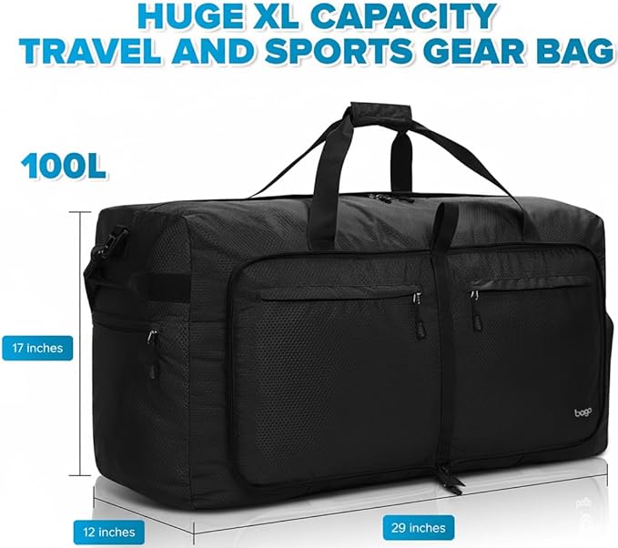 Bago Large Foldable Duffel Bags for Traveling Women & Men - 100L Packable Duffle Bag for Travel with Shoe Compartment - Water Repellant, Heavy Duty, Lightweight Folding & Collapsible (All Black)