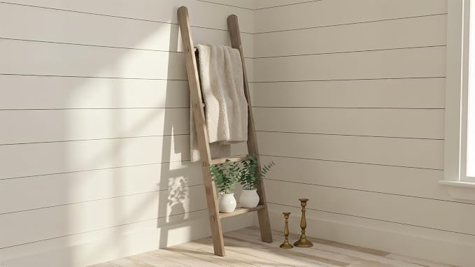 Rustic Revival | Barnwood Display Ladder – Farmhouse Decorative Ladder Made from Authentic Weathered Wood – Real Wood Leaning Ladder for Blankets, Towels & Rustic Décor