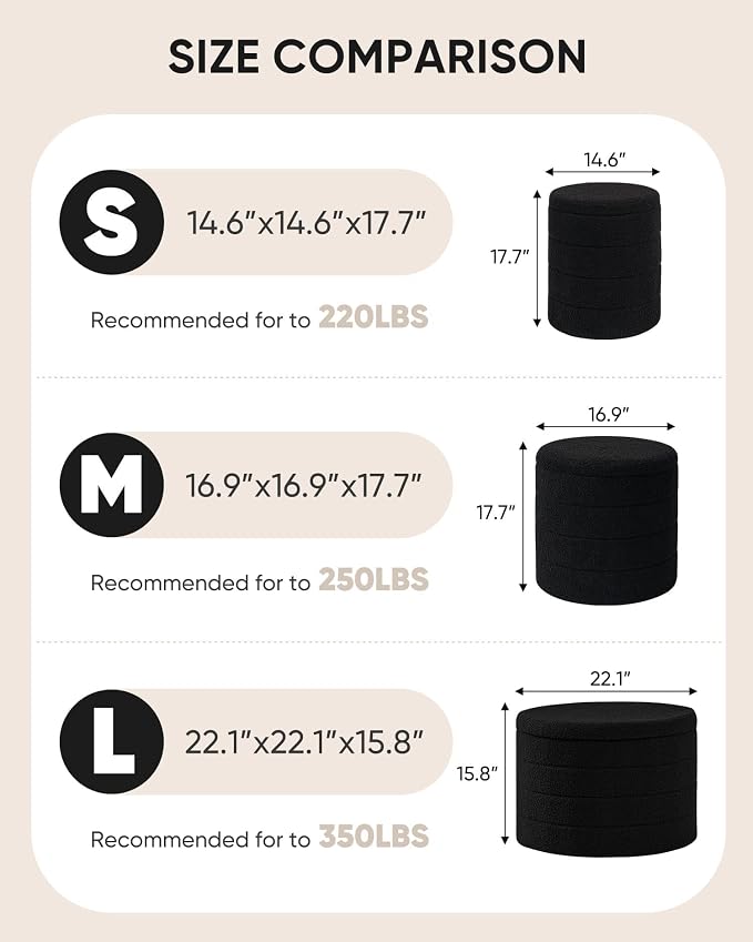 B FSOBEIIALEO Ottoman with Stroage, Round Sherpa Storage Ottoman Stool, Boucle Foot Rest 16.9"x16.9"x17.7"（Black