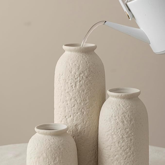 Large Decorative Ceramic Vase Set, 3 Pieces, Nordic Modern Boho Style, Berge Color, Modern Farmhouse for Home Decor (XL Beige Texture)