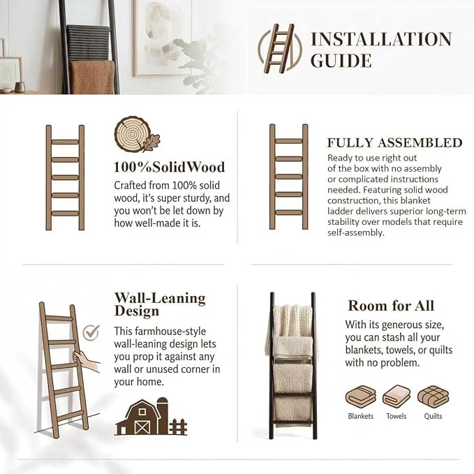Wooden Blanket Ladder - 57in Natural & Motley Wood - Leaning Wall Decor for Bedroom, Bathroom, Living Room - Rustic Quilt Holder & Towel Rack (Dark Walnut, 57in | Fully Assembled)