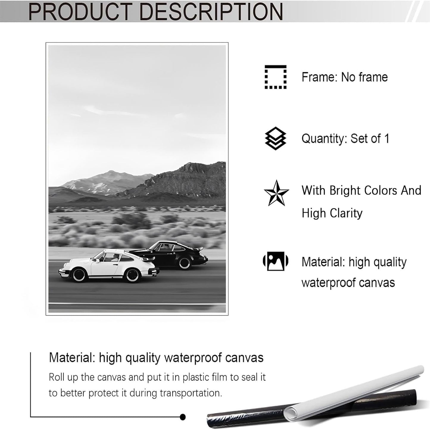Retro Black And White Car Poster Supercar Canvas Wall Art Luxury Car Lover Sunset Mountain Landscape Aesthetic Prints Painting For Living Room Bedroom Great Garage Wall Decor 12x16in Unframed