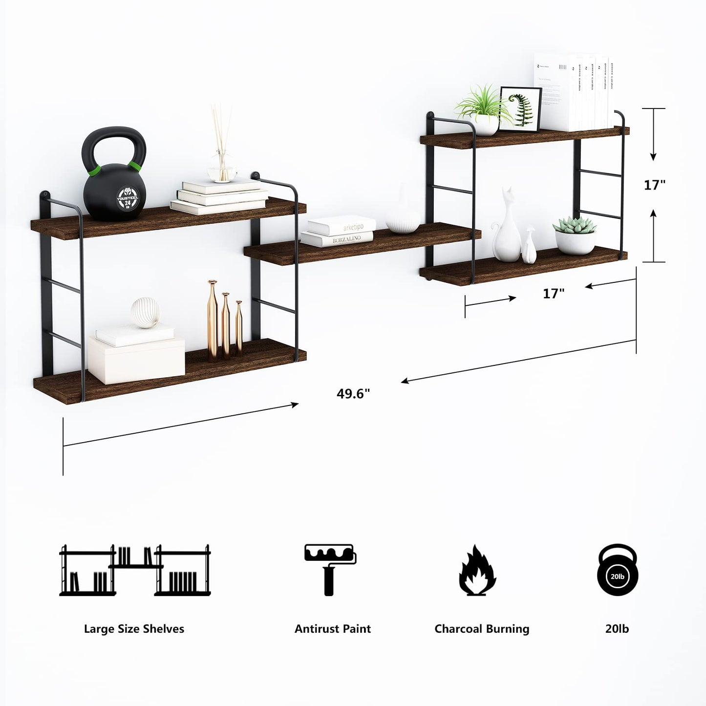 MXCSE Wall Shelves, Wall Mounted Bookshelves, DIY Floating Shelves for Wall, Wood Hanging Book Shelves for Room, Bedroom, Living Room, Easy Installation (Brown, 50W x 17H)