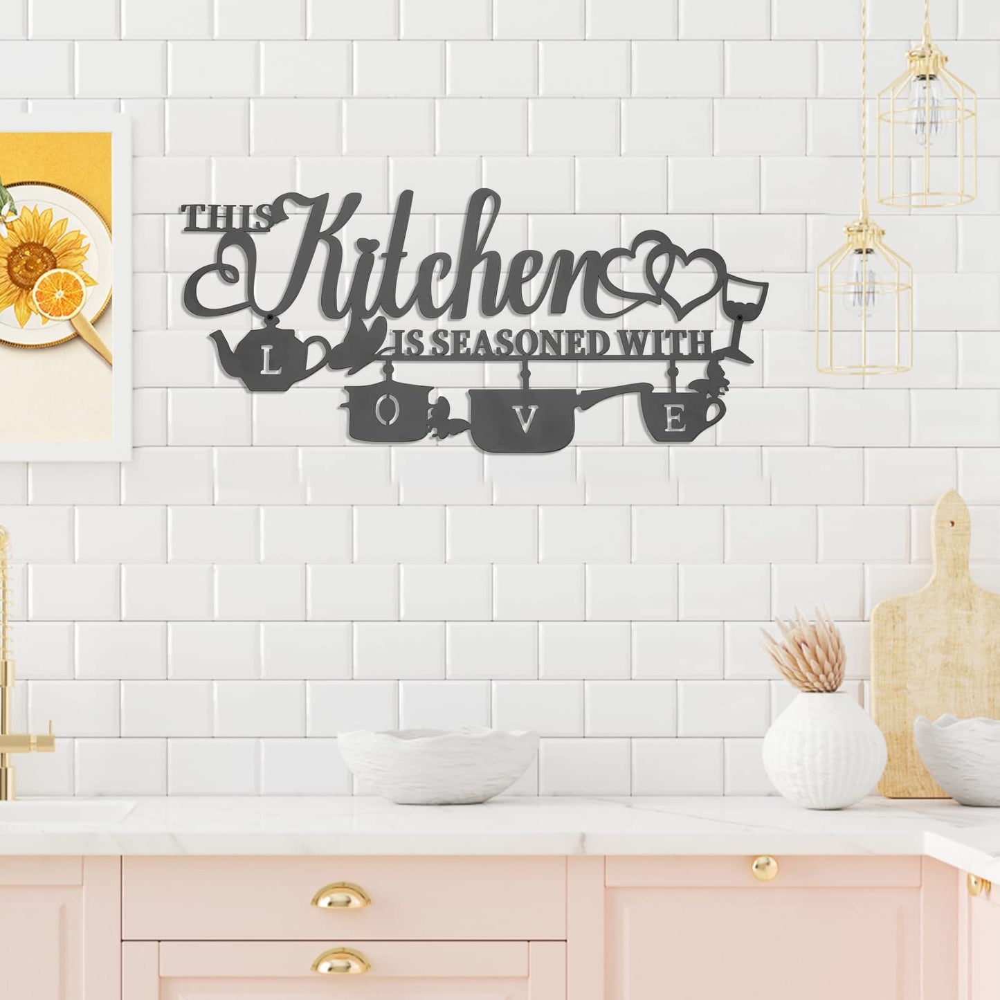 KHayRovies Metal Kitchen Wall Decor, This Kitchen is Seasoned with Love Black Word Name Sign Hanging Wall Art Decor, Rustic Iron Letters Quotes for Kitchen Farmhouse Dining Room Home Decor (A)