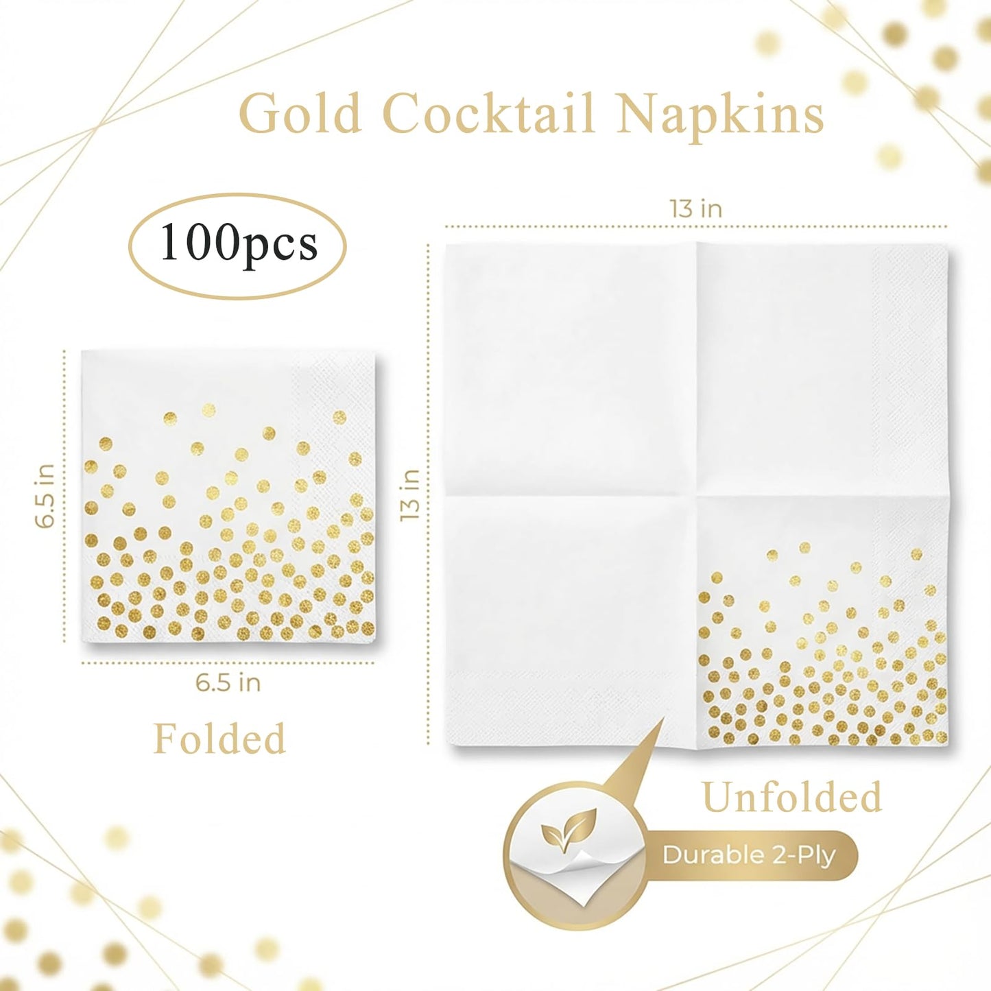 Yinbanban Stylish Paper Napkins 100 Packs,6.5" White Napkins with Gold Polka Dots Design,Great Cocktail Napkins,Dinner Napkins Disposable for Easter Wedding Birthday Party or Daily Use