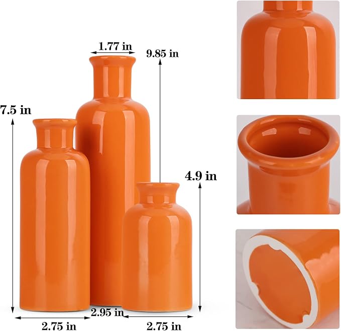 Ceramic Vase Set - 3 Orange Small Vases, Farmhouse Country Flower Vase Home Decor, Living Room Decoration, Table Decoration, Fireplace Decor, and Entrance Decorations Centerpieces