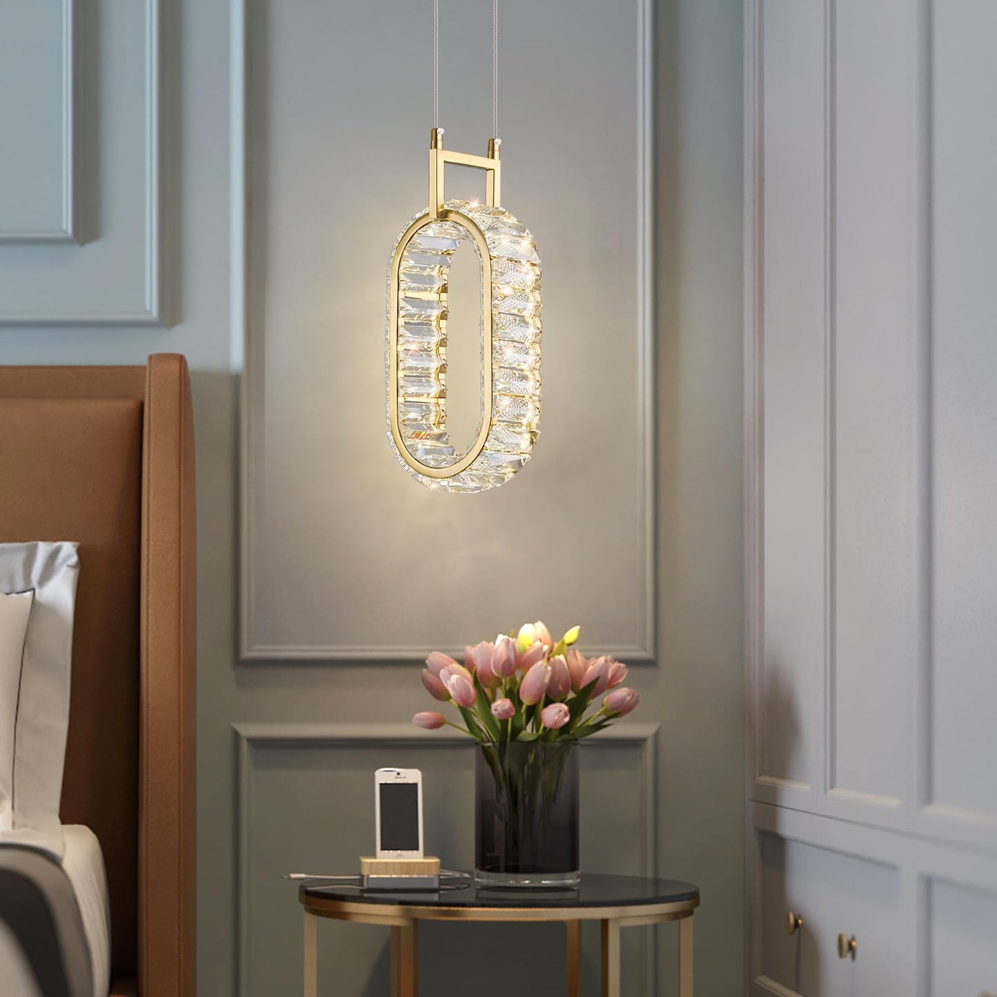 zhllmq Kitchen Island Mini Light Fixture Modern Led Crystal Pendant Light Gold Oval Chandelier for Dining Room Living Room Kitchen Bedroom Bar（1-Pack