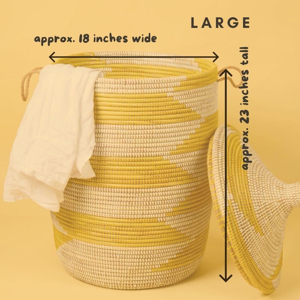 Large Wicker Basket, Yellow and White, 18 Inch Wide, 23 Inch Tall