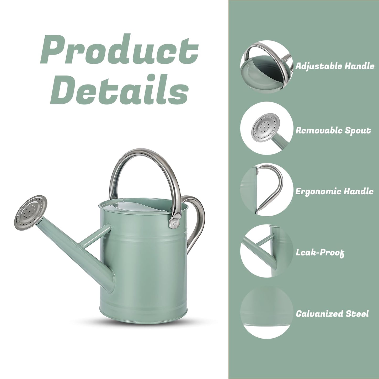 1 Gallon Watering Can for Plants, Watering Cans for Indoor&Outdoor Gardening, Galvanized Steel Watering Pot with Removable Spout, Metal Water Can with Ergonomic Movable Handle(Cream Green)