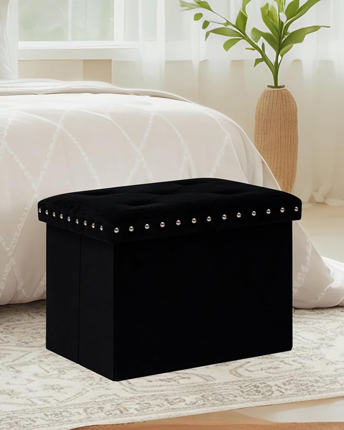 B FSOBEIIALEO Storage Ottoman Cube Folding Tufted Ottomans, Storage Boxes Footrest for Bedroom, Luxury Velvet Fabric 16.5 * 12.6 * 12.6 Inches Black