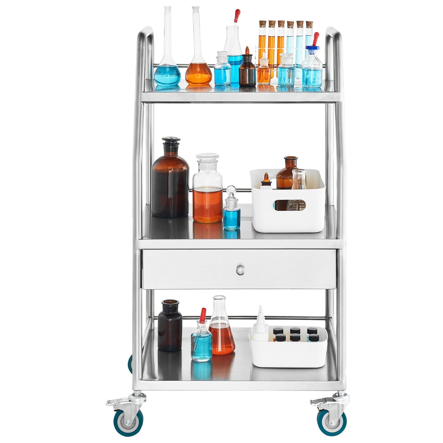 Happybuy Lab Serving Cart, 3-Tier Stainless Steel Utility Rolling Cart with Drawer, Medical & Dental Cart with Lockable Wheels, for Laboratory, Hospital, Clinic Use