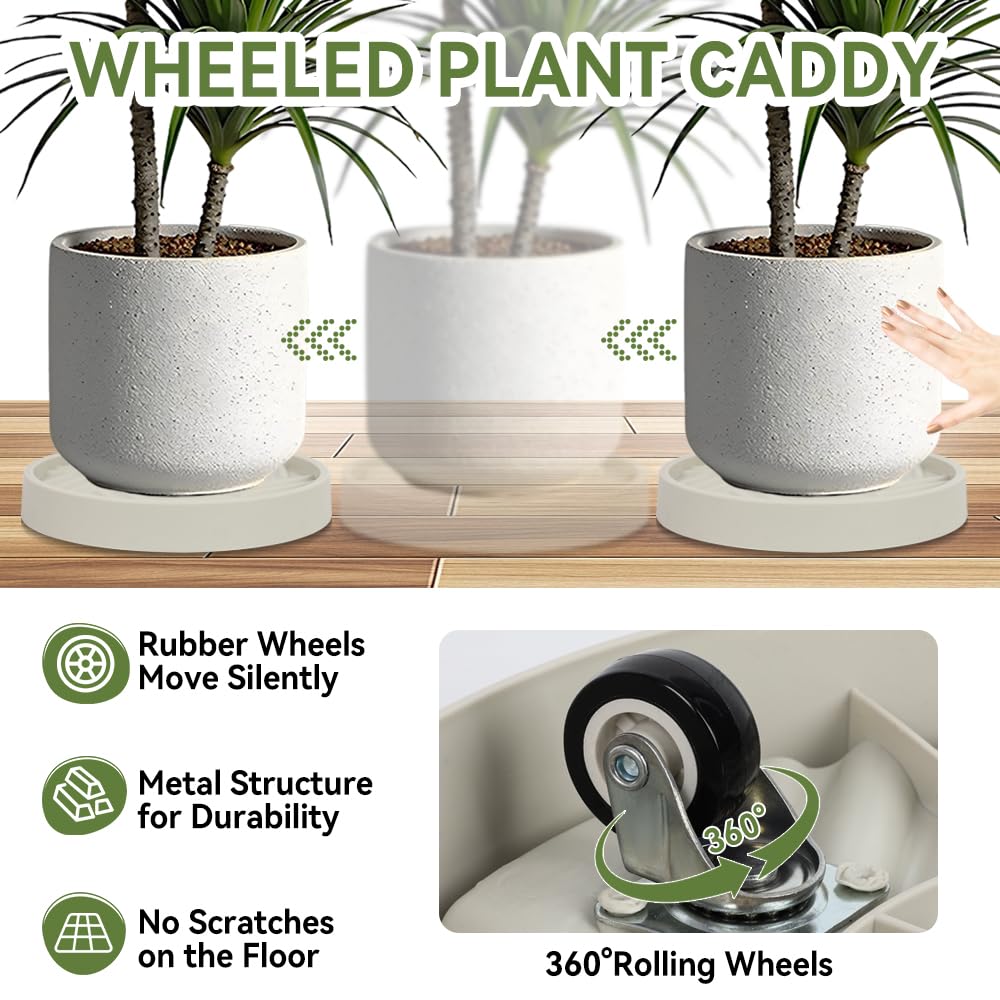 UoeRing 2 Pcs Plant Caddy with Hidden Wheels 11 Inch Heavy Duty Rolling Plant Stand, Indoor Outdoor Plant Saucer Tray with $9.9 Garden Tools (Beige)